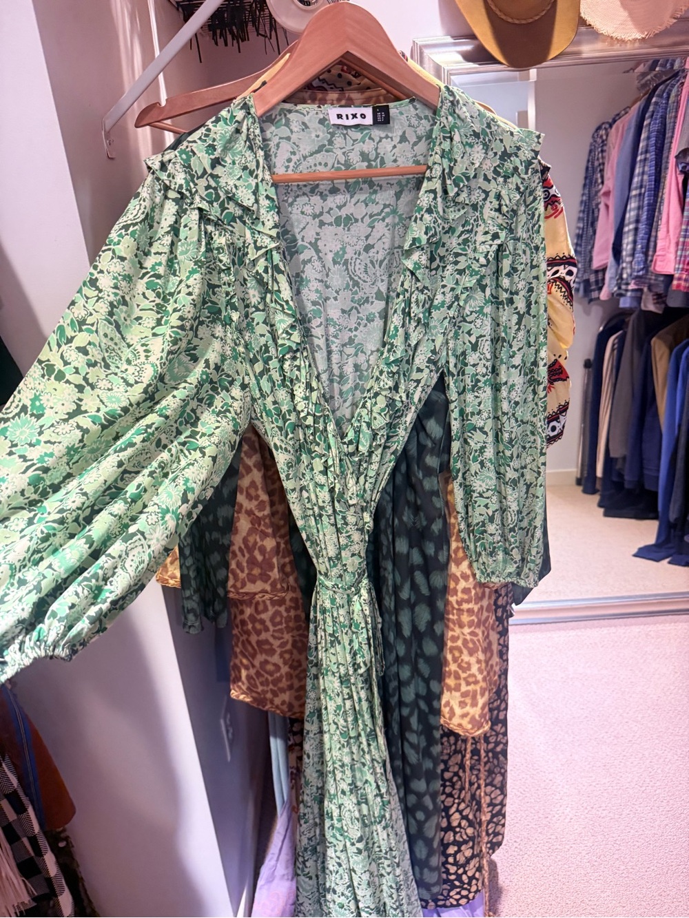 RIXO Mint Green Floral Wrap Dress with Ruffle Collar